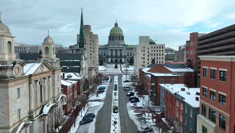 Pennsylvania-state-capitol-building-on-snowy-day-in-Harrisburg,-PA