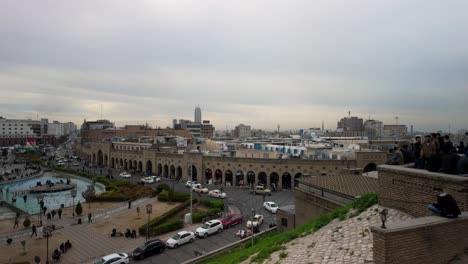 Erbil's-bazaar,-souk,-or-market-square-in-Kurdistan-Iraq-as-seen-from-the-ancient-citadel-or-castle-tell-mound