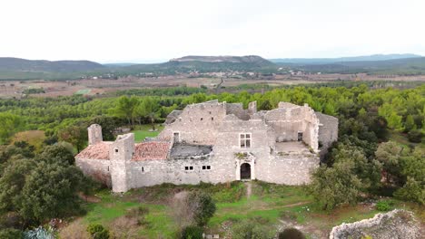 Vista-Aérea-Del-Castillo-Medieval,-Castillo-Francés-Con-Paisaje-Escénico-Al-Fondo,-Montlaur