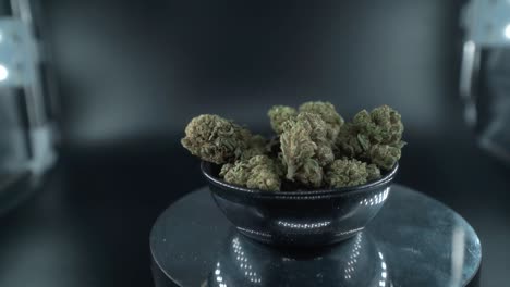 Green-Dried-Marijuana-Buds-Close-Up-Shot,-pile-of-dried-marijuana-plants-in-a-shiny-bowl,-trichomes-strains,-on-a-reflecting-rotating-stand,-studio-lights,-cinematic-slow-motion-120-fps-follow-right