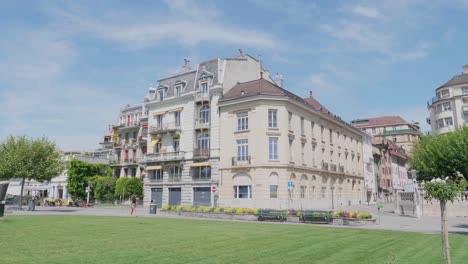a-beautiful-building-at-the-lakeside-of-Vevey,-Switzerland-on-a-sunny-day