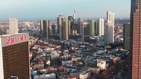 Aerial-view-of-Frankfurt-am-Main-city-skyline,-cityscape-with-modern-buildings-with-clear-blue-sky-behind-them---landscape-panorama-of-Germany-from-above,-Europe