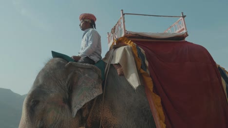 Geschmückte-Elefanten-Reiten-Touristen-Auf-Dem-Weg-Zum-Amber-Fort-In-Jaipur,-Rajasthan,-Indien,-An-Einem-Schönen-Sonnigen-Tag-Durch-Die-Trockene-Wüste
