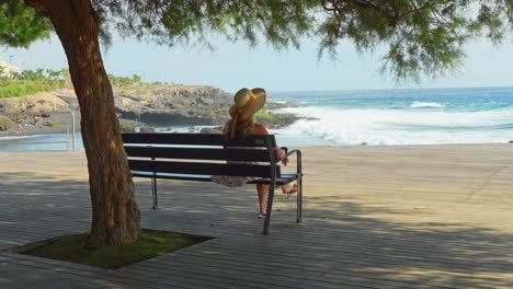 Beautiful-lady-sits-under-the-tree-and-admires-Atlantic-ocean,-back-view