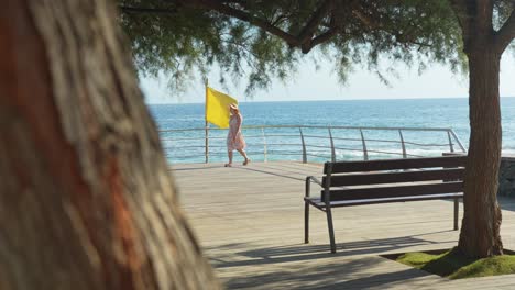 Lonely-woman-enjoys-Atlantic-ocean-coastline,-view-from-behind-tree