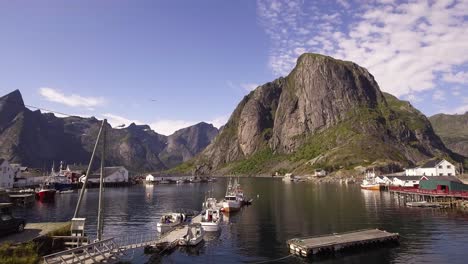 Aerial-of-a-small-harbor-in-Hamnoy,-Norway