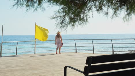Woman-with-summer-dress-walking-towards-Atlantic-ocean-in-Tenerife,-back-view