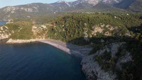 Evia-also-known-by-its-antique-spelling-Euboea-is-the-second-largest-Greek-scenic-aerial-landscape-wild-lonely-beach-and-mountains-in-background