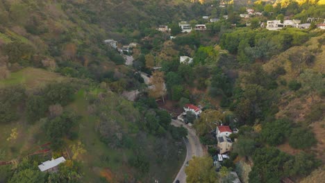 Winding-Roads-Seen-from-Above,-Laurel-Canyon-Road-with-Cars-Driving-Surrounded-by-Trees,-as-Seen-by-Drone