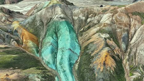 Aerial-drone-medium-altitude-backward-reveal-view-of-Grænihryggur,-the-green-rock,-and-the-glacial-river-in-Landmannalaugar,-Iceland