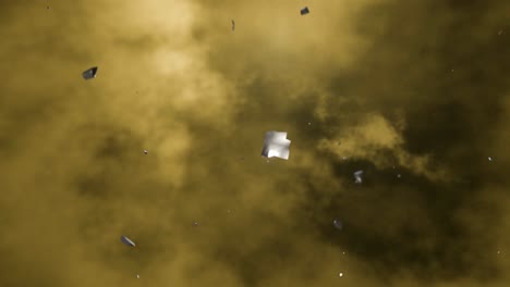 3D-Animation-of-metallic-debris-falling-through-yellow-clouds-on-Venus