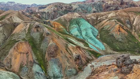 Aerial-drone-forward-view-from-the-left-over-Grænihryggur,-green-rock-and-a-glacial-river-in-Landmannalaugar,-Iceland