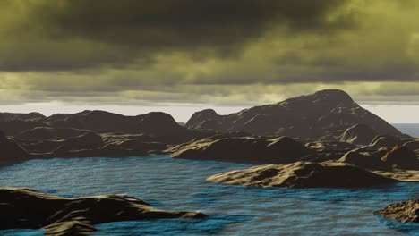Animación-3D-Que-Muestra-Un-Planeta-Alienígena-Con-Agua,-Montañas-Y-Cielo-Amarillo.
