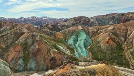 Aerial-drone-wide-orbit-view-over-Grænihryggur-valley-and-the-green-rock-in-Landmannalaugar,-Iceland,-showcasing-medium-tones-of-orange-and-green
