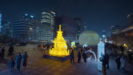 Crowd-of-Tourists-at-Gwanghwamun-Square-During-the-Lantern-Festival-at-Night---Realtime-High-Angle-View