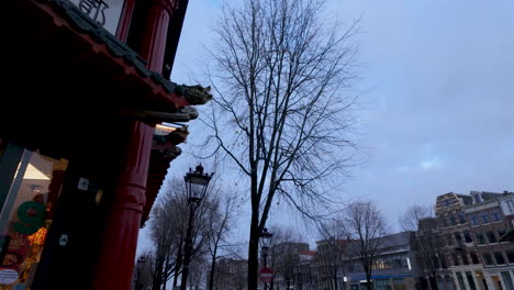 Amsterdams-Straßenbild-In-Der-Abenddämmerung,-Blattlose-Baumsilhouette,-Traditionelle-Straßenlaterne,-Historische-Gebäudefassaden,-Frühes-Abendlicht,-Ruhige-Atmosphäre,-Winterhimmel,-Städtische-Natur,-Kulturelles-Ambiente