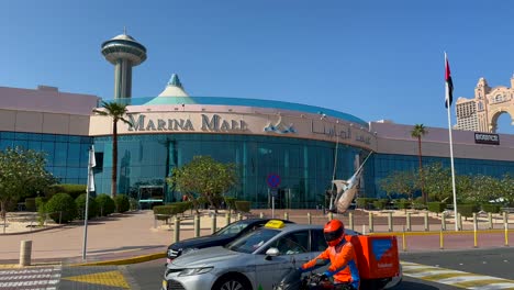 10-January-2024,-Abu-Dhabi,-UAE:-Marina-mall-entrance-with-steel-swordfish-sculpture