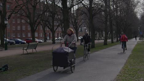 Gente-En-Bicicleta-Por-El-Carril-Bici-En-El-Parque-En-Malmo,-Suecia