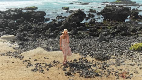 Gorgeous-woman-walk-toward-rocky-beach-of-Tenerife,-back-view