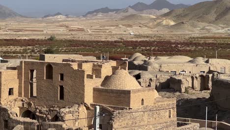 Old-town-with-brick-stone-material-building-ancient-houses-traditional-architecture-berry-garden-barberries-field-background-harvest-season-mountain-desert-climate-iran-countryside-wonderful-landscape