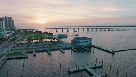 Aerial-forward-harbor-Fort-Myers,-Florida,-USA,-panorama-view-during-sunset