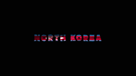 Nordkoreas-Land-Wackelt-Mit-Textanimationsbeschriftungen-Und-Ihrer-Wehenden-Flagge-Als-Textur-–-Schwarzer-Bildschirmhintergrund,-Wiederholbares-Video