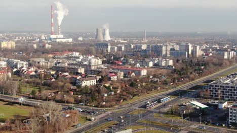 Suburbs-of-Krakow-Poland-and-thermal-power-plant,-aerial-view