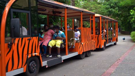 Tourists-riding-on-electric-tram,-getting-around,-taking-visitors-on-a-narrated-journey-through-different-zones-of-the-zoological-park,-visiting-animal-enclosures-in-comfort