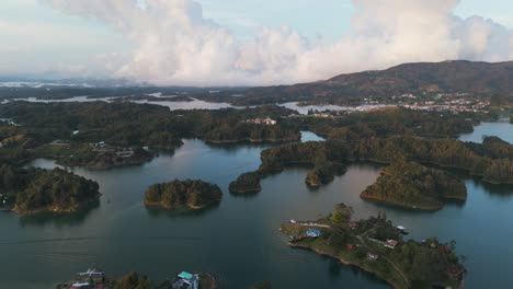 Beautiful-River-and-Lakeside-Town-of-Guatape,-Aerial-Panorama-Landscape