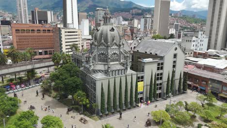 Palace-of-Culture,-Beautiful-Tourism-Buiding-in-Medellin,-Columbia-Aerial
