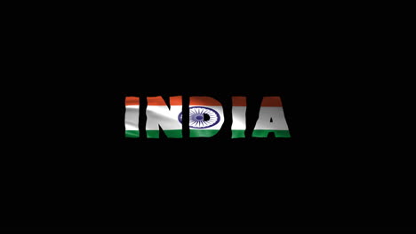 Indien-Land-Wackelt-Mit-Textanimationsbeschriftungen-Und-Ihrer-Wehenden-Flagge-Als-Textur-–-Schwarzer-Bildschirmhintergrund,-Wiederholbares-Video