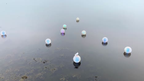 Buoys-with-lights-in-Kinvara-bay-flash-floating-on-surreal-water-reflecting-grey-sky