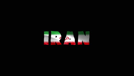 Das-Iranische-Land-Wackelt-Mit-Textanimationsschriftzügen-Und-Ihrer-Wehenden-Flagge-Als-Textur-–-Schwarzer-Bildschirmhintergrund,-Wiederholbares-Video