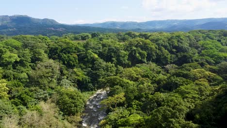 River-rapids-cutting-through-dense-green-jungle-with-mountainous-background