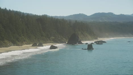 Rock-seastacks-landmark-of-Port-Orford-bay-with-pine-tree-forest-at-coast