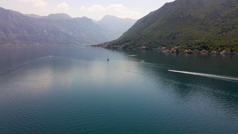 Aerial-View-Of-A-Sailboat-In-The-Kotor-Bay,-Montenegro