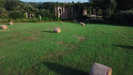 Drone-approaches-ruins-of-Ponte-Lupo,-ancient-Roman-aqueduct-in-Lazio,-Italy
