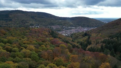 Push-in-drone-shot-of-Heidelberg,-shot-from-above-autumn-forest