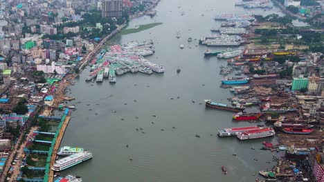 Panoramic-Aerial-View-Of-The-Port-Of-Dhaka-On-The-Buriganga-River-In-Dhaka,-the-Capital-City-Of-Bangladesh