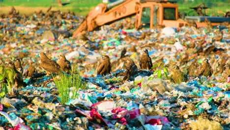 Flock-of-hawk-scavenger-birds-hunting-and-flying-around-landfill-garbage-pile