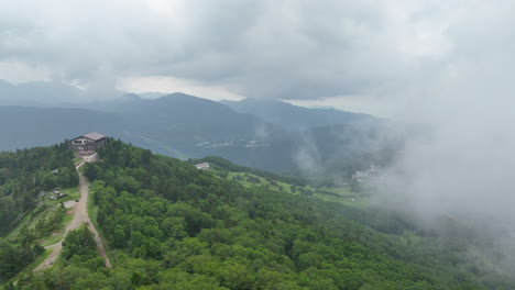 Aerial-view-overlooking-the-Shiga-Highlands,-cloudy-day-in-Japan,-Asia