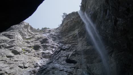 Large-Waterfall-in-Cave-Opening-|-Grindelwald-Switzerland-Cave-in-Glacier-Canyon,-Europe,-4k