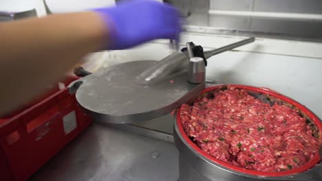 Putting-minced-meat-with-herbs-into-machine-to-make-sausages,-close-up