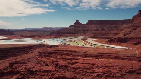 Rising-the-moving-to-the-left-drone-shot-over-Potash-Ponds-in-Moab,-Utah