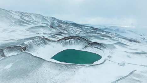 Krafla-Volcanic-Caldera-Blue-Lake-In-Iceland-During-Winter---Aerial-Shot
