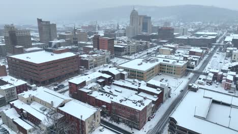 Aerial-view-of-Reading,-Pennsylvania-on-a-snowy-day