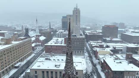 Aerial-panorama-of-a-city-covered-in-snow