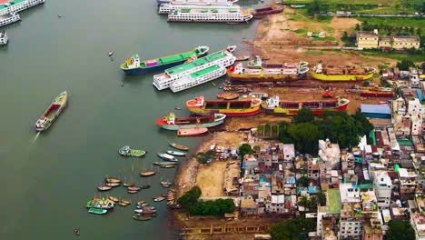 Aerial-View-Of-Dockyard-Along-Buriganga-River-Port-In-Bangladesh,-South-Asia
