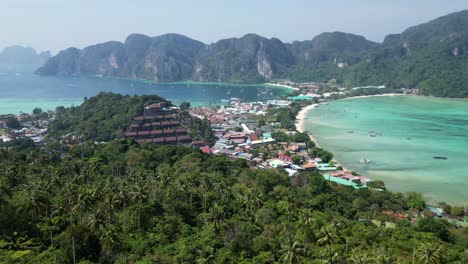 Panoramic-aerial-view-from-Phi-phi-island-viewpoint-on-sunny-day