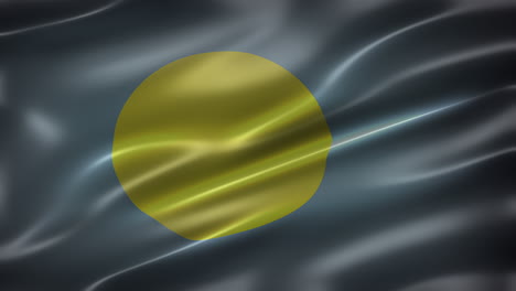 Die-Flagge-Der-Republik-Palau,-Vorderansicht,-Vollformat,-Glänzend,-Glatt,-Elegante-Seidige-Textur,-Weht-Im-Wind,-Realistische-4K-CG-Animation,-Filmähnliches-Gefühl-Und-Aussehen,-Nahtlos-Schleifbar
